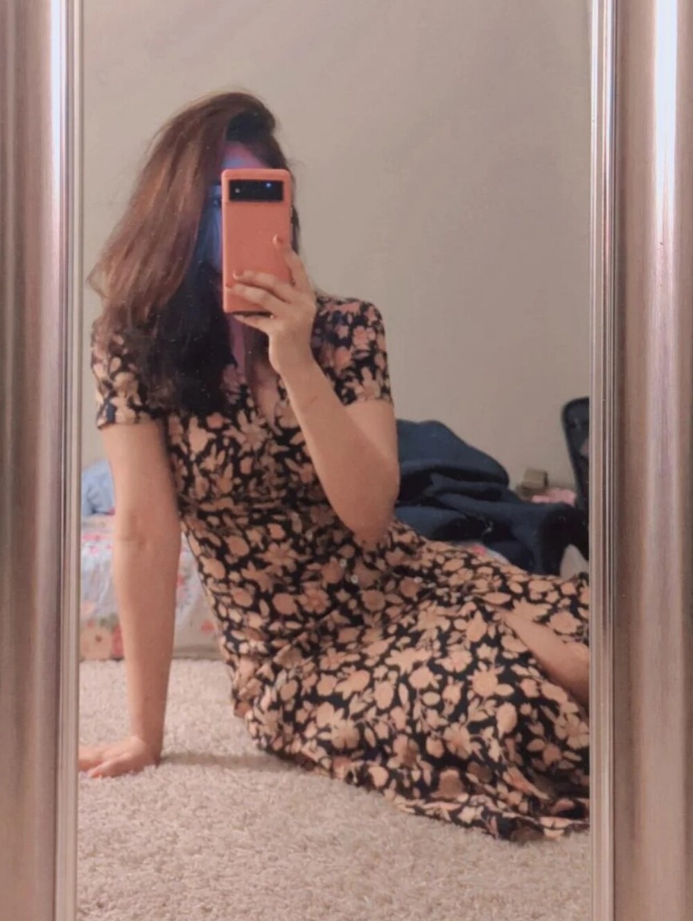 Realisation Par Black Midi Dress with Blush Floral Print